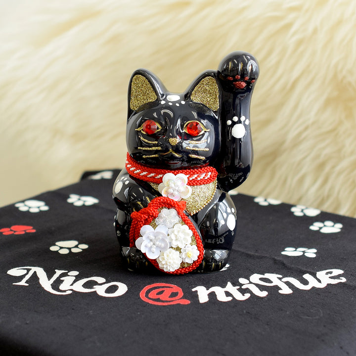ニコアンティーク×ご縁猫 招き猫 ねこ球子 手ぬぐい 2点セット】4号 黒