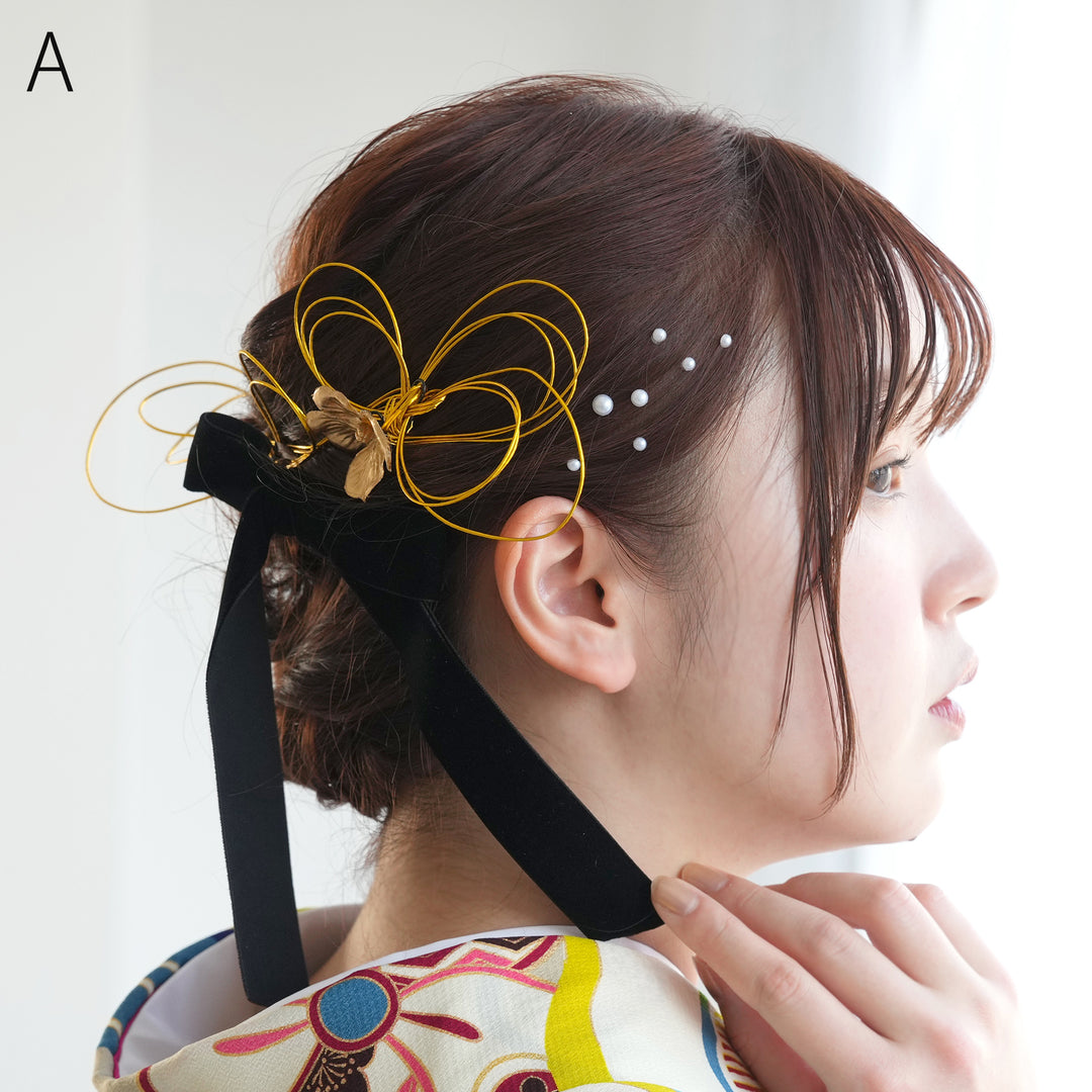 髪飾り 6点セット】 ベルベットリボン＆水引＆パール＆ゴールドアクセ