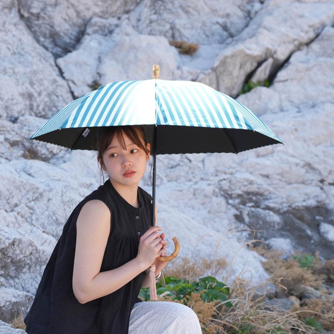 日傘 長傘】100％遮光 47cm スライドショート ストライプ