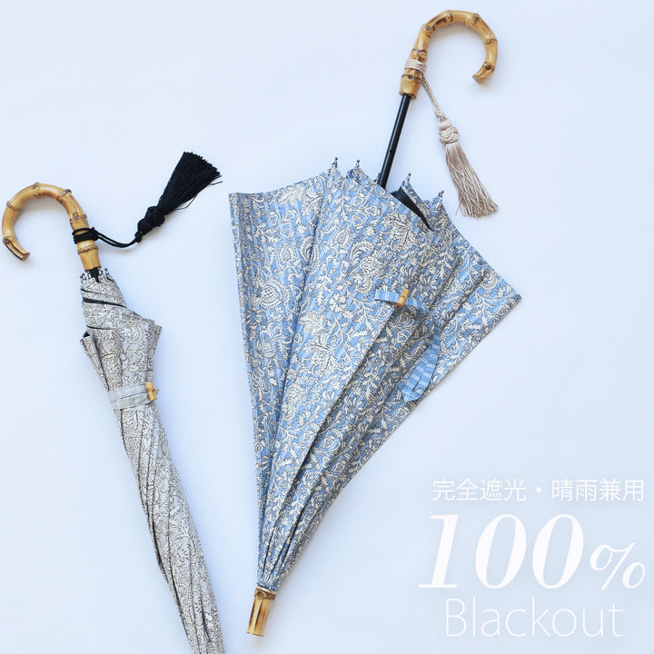 ＜45rpm＞インディゴ 花柄 日傘 非売品 入手困難品 日傘 utatane 長傘】100％遮光 スライドショート 47cm インド更紗
