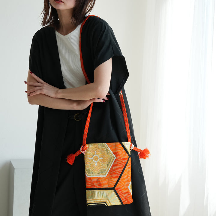 maison utatane No.BG02 橙の六角花文】帯リメイクショルダーバッグ