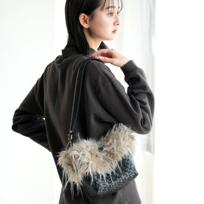 【ファー付2wayミニショルダーバッグ】かごバッグ 羊革×プレミアムリサイクル ブラック×シュナウザーグレー フェイクファー和装 カジュアル（2690607300）