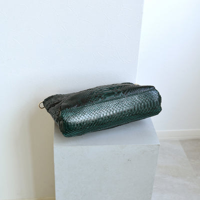 【PYTHON パイソン ウェーブトートバッグ】ミニ グリーン ショルダーつき 本革 蛇革 コブラ革 和装 カジュアル エキゾチックレザー　お洋服はもちろん 着物にも（2690608200）