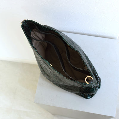 【PYTHON パイソン ウェーブトートバッグ】ミニ グリーン ショルダーつき 本革 蛇革 コブラ革 和装 カジュアル エキゾチックレザー　お洋服はもちろん 着物にも（2690608200）