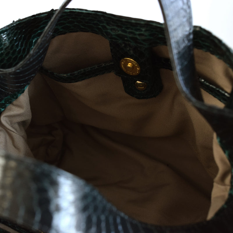 【PYTHON パイソン ウェーブトートバッグ】ミニ グリーン ショルダーつき 本革 蛇革 コブラ革 和装 カジュアル エキゾチックレザー　お洋服はもちろん 着物にも（2690608200）