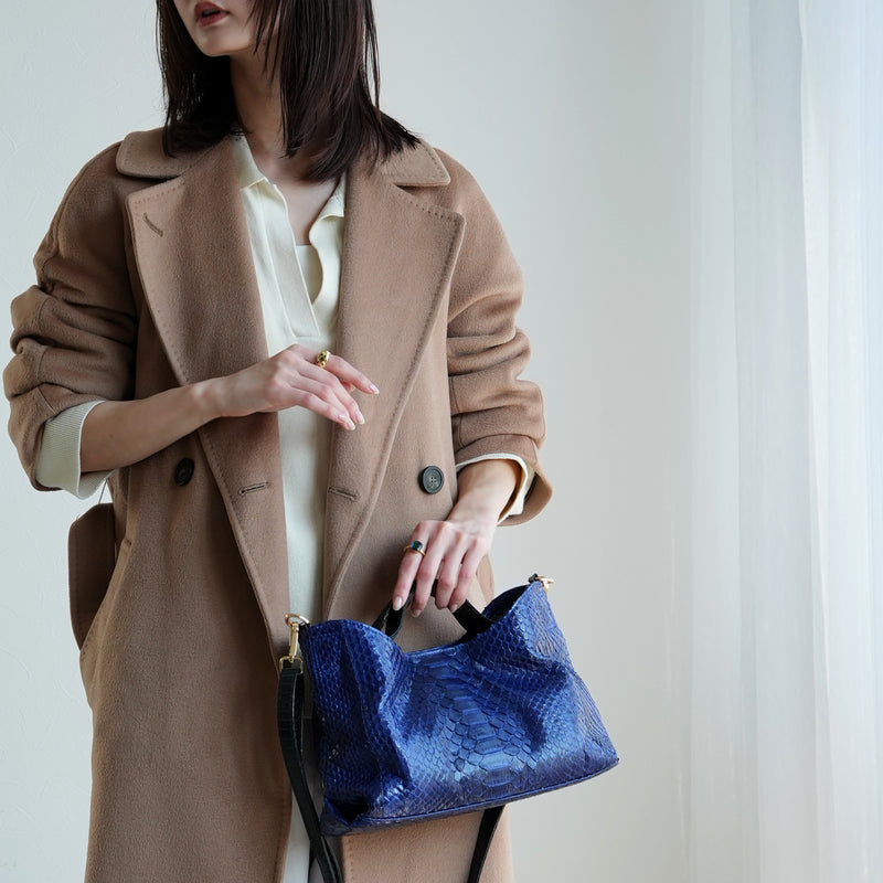 【PYTHON パイソン ウェーブトートバッグ】ミニ パープル ショルダーつき 本革 蛇革 コブラ革 和装 カジュアル エキゾチックレザー　お洋服はもちろん 着物にも（2690608300）