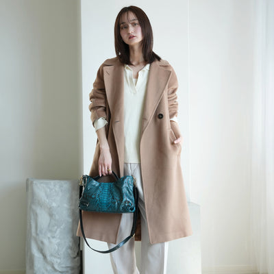 【PYTHON パイソン ウェーブトートバッグ】ミニ ターコイズ ショルダーつき 本革 蛇革 コブラ革 和装 カジュアル エキゾチックレザー　お洋服はもちろん 着物にも（2690608400）