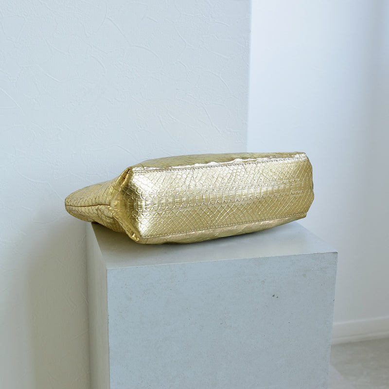 【PYTHON パイソン ウェーブトートバッグ】ミニ ゴールド×シルバー ショルダーつき 本革 蛇革 コブラ革 和装 カジュアル エキゾチックレザー　お洋服はもちろん 着物にも（2690608500）