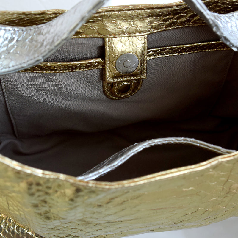 【PYTHON パイソン ウェーブトートバッグ】ミニ ゴールド×シルバー ショルダーつき 本革 蛇革 コブラ革 和装 カジュアル エキゾチックレザー　お洋服はもちろん 着物にも（2690608500）