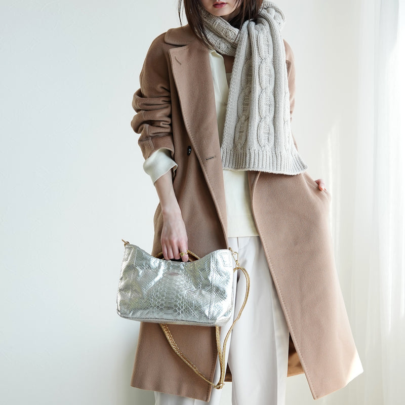 【PYTHON パイソン ウェーブトートバッグ】ミニ シルバー×ゴールド ショルダーつき 本革 蛇革 コブラ革 和装 カジュアル エキゾチックレザー　お洋服はもちろん 着物にも（2690608600）