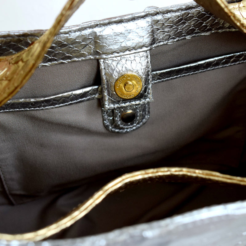 【PYTHON パイソン ウェーブトートバッグ】ミニ シルバー×ゴールド ショルダーつき 本革 蛇革 コブラ革 和装 カジュアル エキゾチックレザー　お洋服はもちろん 着物にも（2690608600）