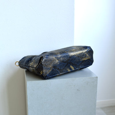 【PYTHON パイソン ウェーブトートバッグ】ミニ ネイビー×ゴールド ショルダーつき 本革 蛇革 コブラ革 メタリック加工 和装 カジュアル エキゾチックレザー　お洋服はもちろん 着物にも（2690608900）