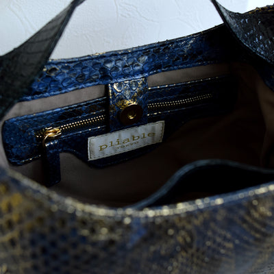 【PYTHON パイソン ウェーブトートバッグ】ミニ ネイビー×ゴールド ショルダーつき 本革 蛇革 コブラ革 メタリック加工 和装 カジュアル エキゾチックレザー　お洋服はもちろん 着物にも（2690608900）