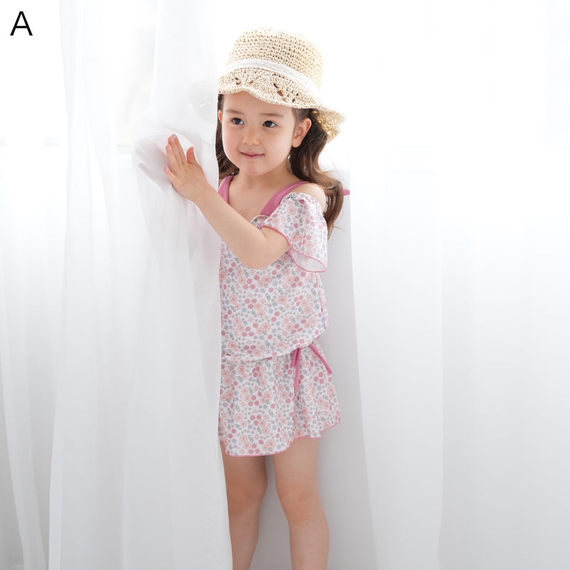 【キッズ水着 オフショルダー ティアードフリル】ワンピース水着 スイムウェア 女の子 肩紐でサイズ調節可能 （2755600801）