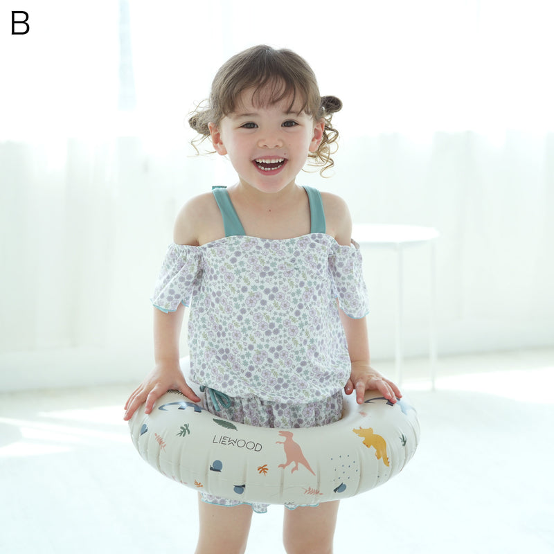 【キッズ水着 オフショルダー ティアードフリル】ワンピース水着 スイムウェア 女の子 肩紐でサイズ調節可能 （2755600801）