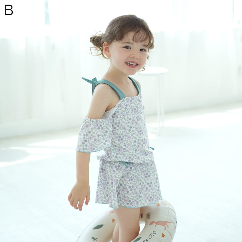 【キッズ水着 オフショルダー ティアードフリル】ワンピース水着 スイムウェア 女の子 肩紐でサイズ調節可能 （2755600801）