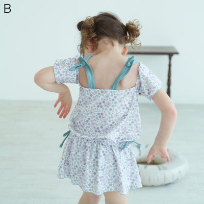 【キッズ水着 オフショルダー ティアードフリル】ワンピース水着 スイムウェア 女の子 肩紐でサイズ調節可能 （2755600801）
