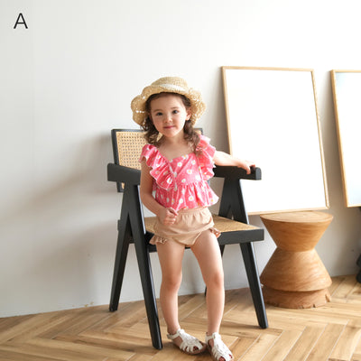 【キッズ水着2点セット (フリルトップス・ハイウエストパンツ）マーガレット ドット】ティアード セパレート水着 女の子 ウエストゴム 子供水着（2755602101）