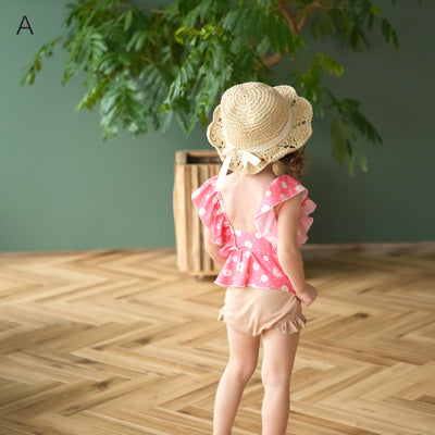 【キッズ水着2点セット (フリルトップス・ハイウエストパンツ）マーガレット ドット】ティアード セパレート水着 女の子 ウエストゴム 子供水着（2755602101）
