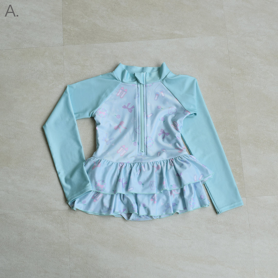 キッズ水着 長袖ラッシュガードワンピース 女の子 リボン柄】UV
