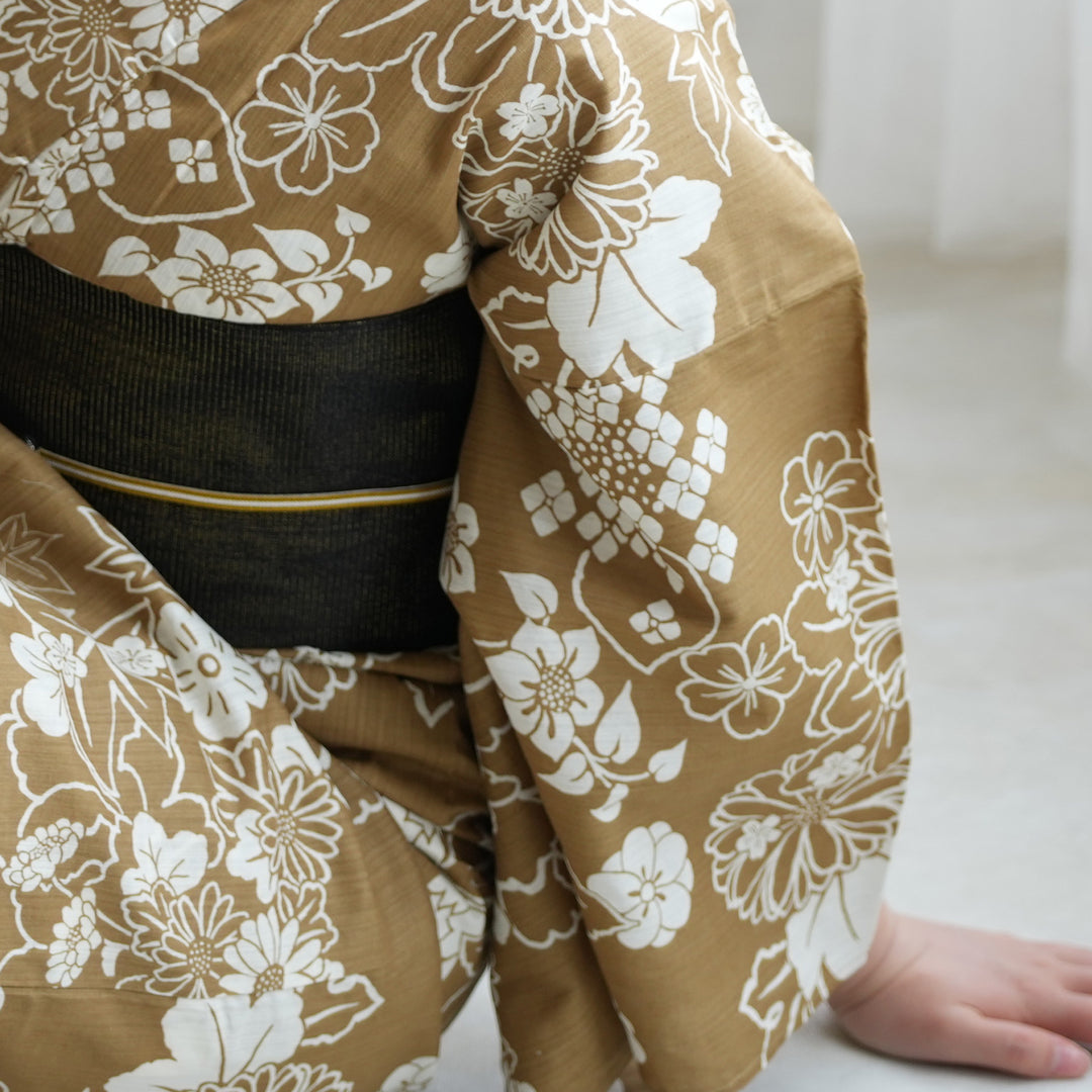 単品浴衣 高級変わり織 珈琲ミルクの古典花】フリーサイズ 国産生地