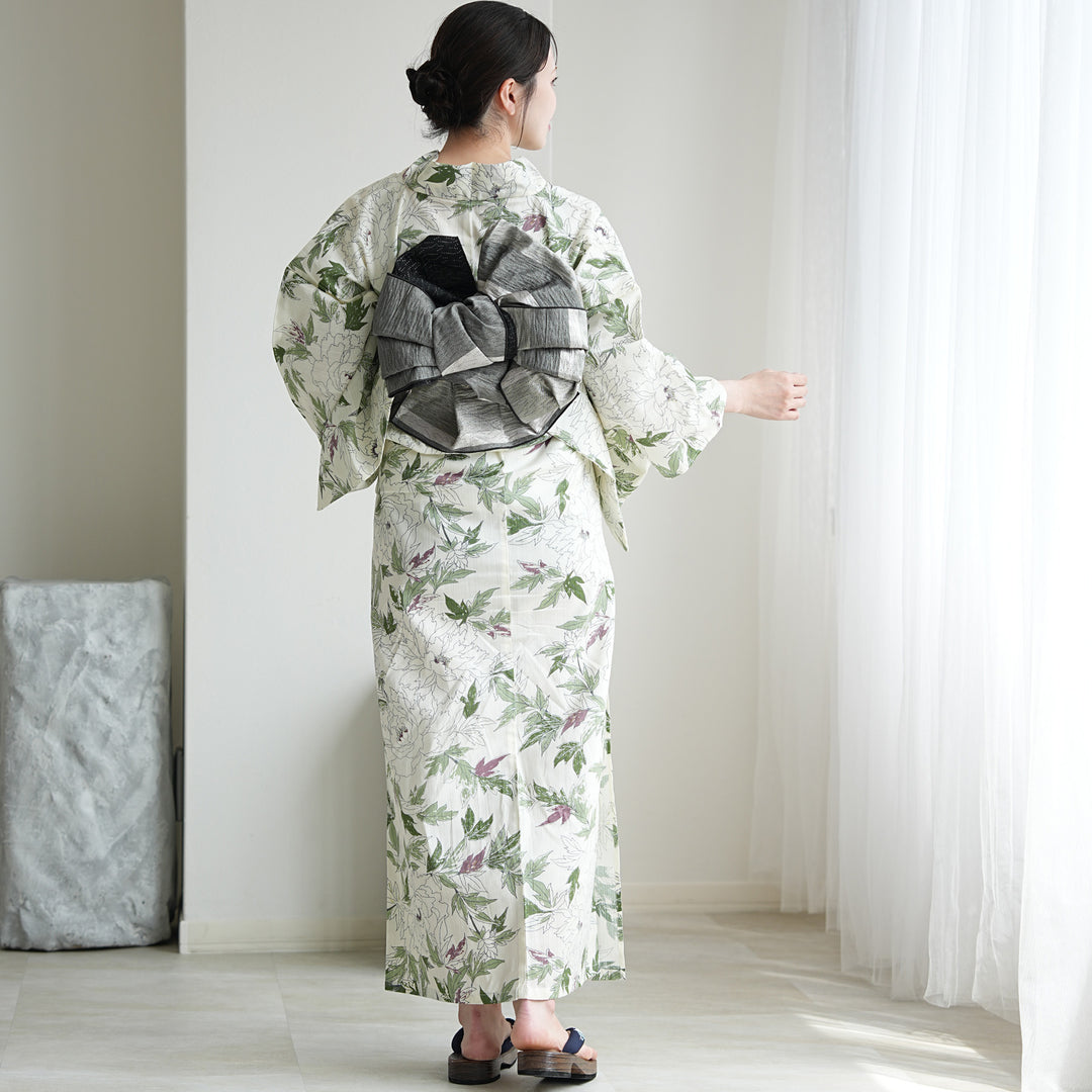 単品浴衣 高級変わり織 オフホワイトに広がるグリーンの芍薬