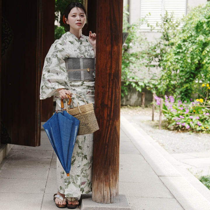 単品浴衣 高級変わり織 オフホワイトに広がるグリーンの芍薬