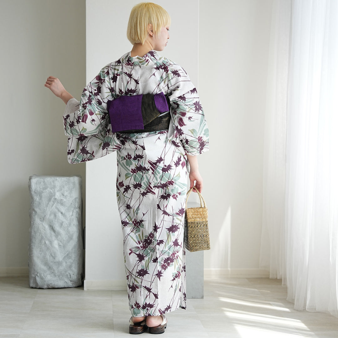 新品高級浴衣☆気になった方はお早目に☆ 単品浴衣 高級変わり織 杢グレージュに上品菖蒲とアザミ】Sサイズ 国産