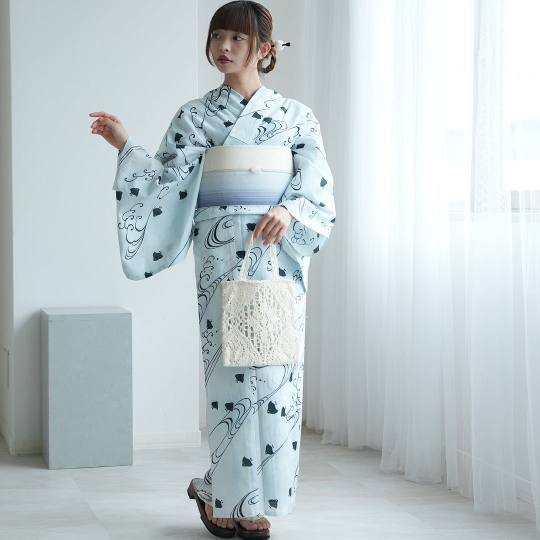 単品浴衣 高級変わり織 淡い水色ぼかしに碧色の千鳥】3Lサイズ 国産