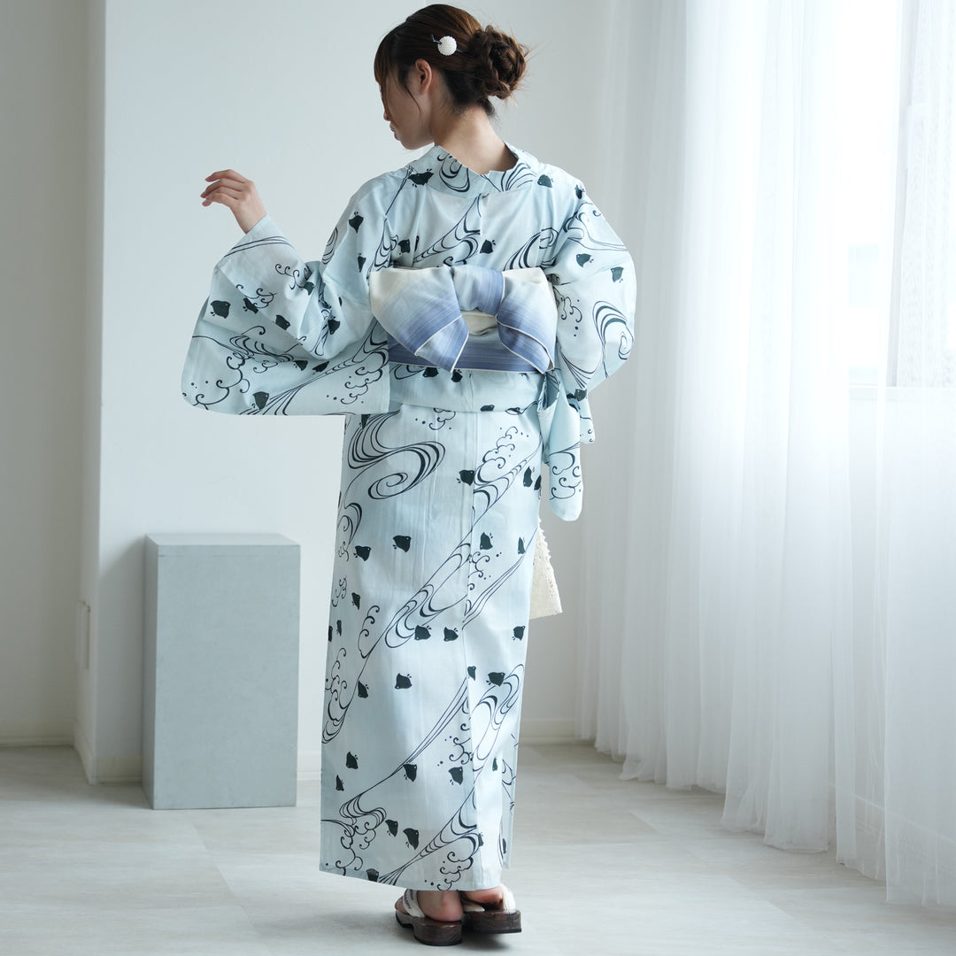 単品浴衣 高級変わり織 淡い水色ぼかしに碧色の千鳥】フリーサイズ