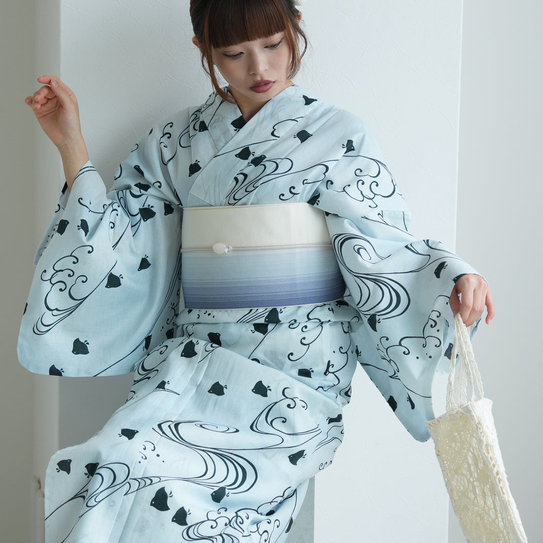 Sサイズ◆ノー皺加工最高級クールパス◆古都千鳥の涼し京浴衣◆プチサイズ 単品浴衣 高級変わり織 淡い水色ぼかしに碧色の千鳥】フリーサイズ