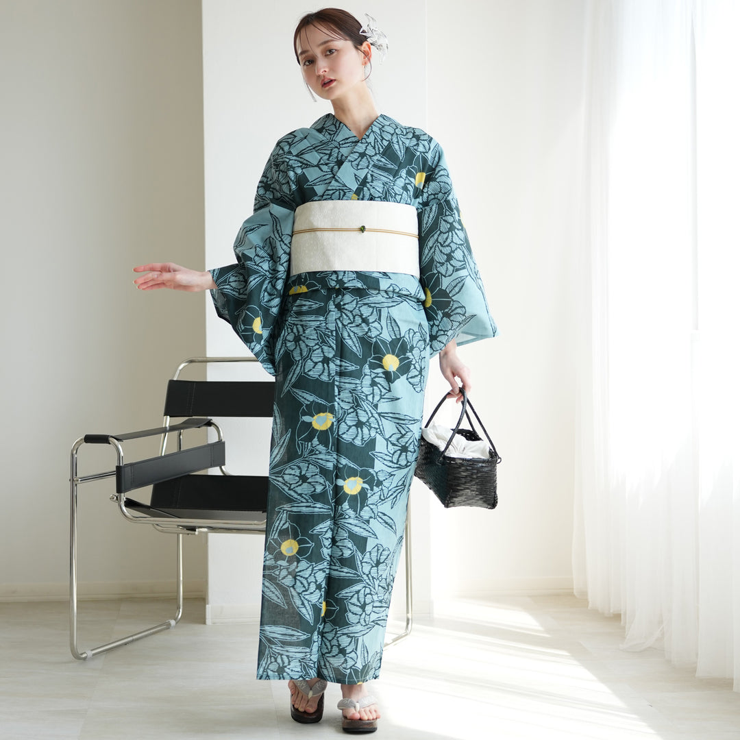 桔梗　つつじ　単衣　浴衣　アンティーク 単品浴衣 高級変わり織 ブルーと鉄紺の桔梗影絵】フリーサイズ 国産