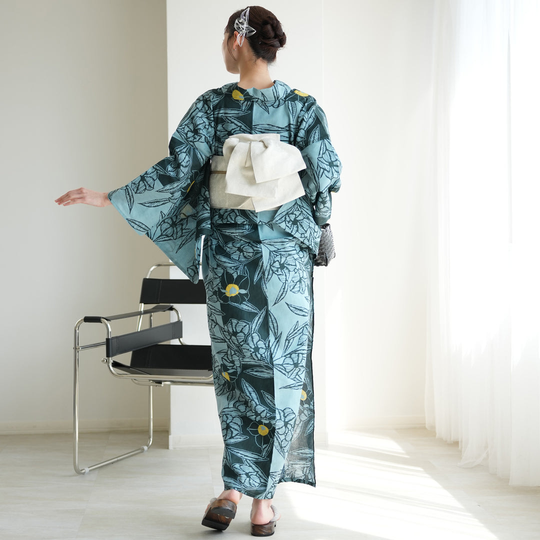 単品浴衣 高級変わり織 ブルーと鉄紺の桔梗影絵】フリーサイズ 国産