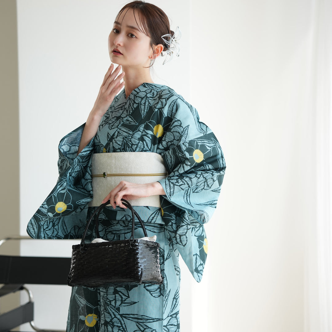 【未使用】utatane_国内染色 二部式浴衣_ 鈍青と緑の砂よろけ×桔梗 単品浴衣 高級変わり織 ブルーと鉄紺の桔梗影絵】フリーサイズ 国産