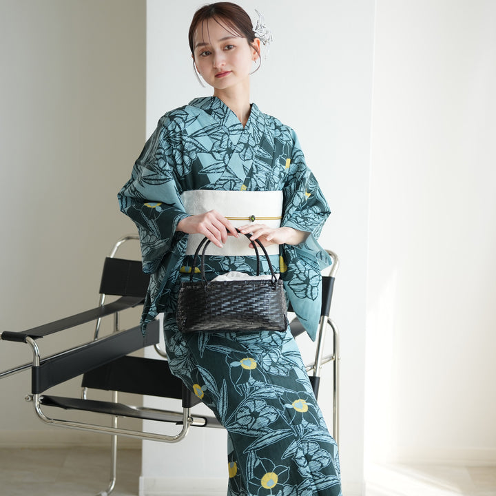 単品浴衣 高級変わり織 ブルーと鉄紺の桔梗影絵】フリーサイズ 国産