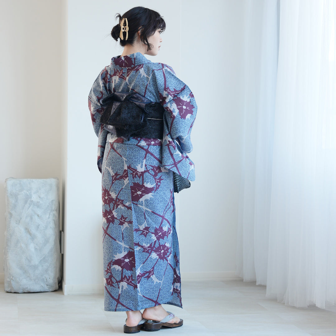 単品浴衣 高級変わり織 ブルーと紫のあざみ砂嵐】フリーサイズ 国産