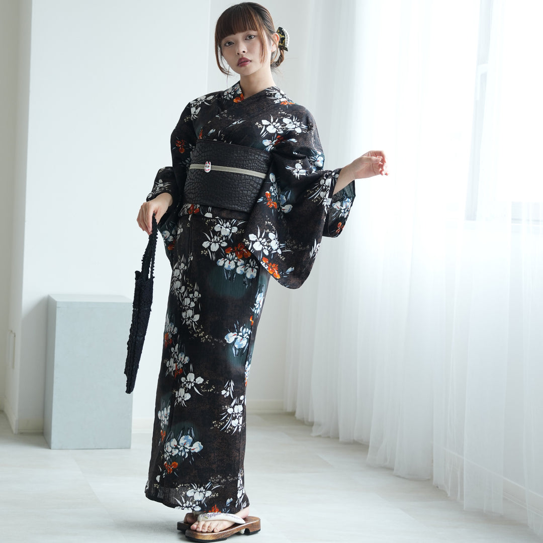 単品浴衣 高級変わり織 錆紺に照る菖蒲】Sサイズ 国産生地・国内染色