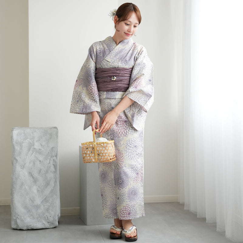 浴衣3点セット（浴衣/帯/下駄） utatane ゆかた フリーサイズ（身長155-165cm）先染め風ベージュに涼しげ糸菊（5010027411）
