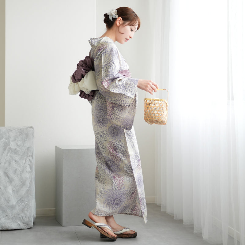 浴衣3点セット（浴衣/帯/下駄） utatane ゆかた フリーサイズ（身長155-165cm）先染め風ベージュに涼しげ糸菊（5010027411）