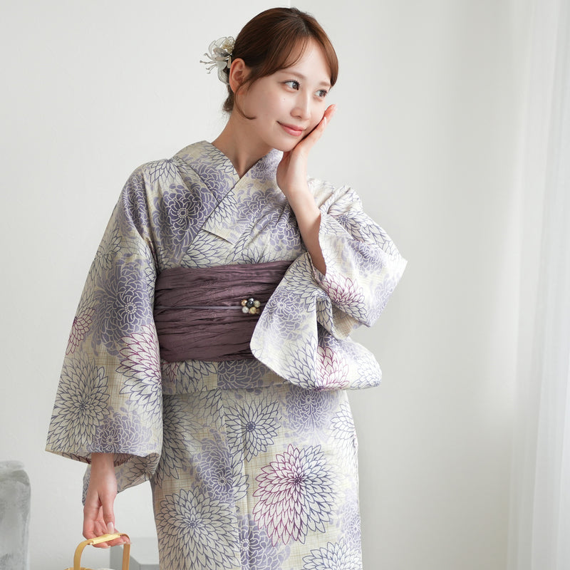 浴衣3点セット（浴衣/帯/下駄） utatane ゆかた フリーサイズ（身長155-165cm）先染め風ベージュに涼しげ糸菊（5010027411）