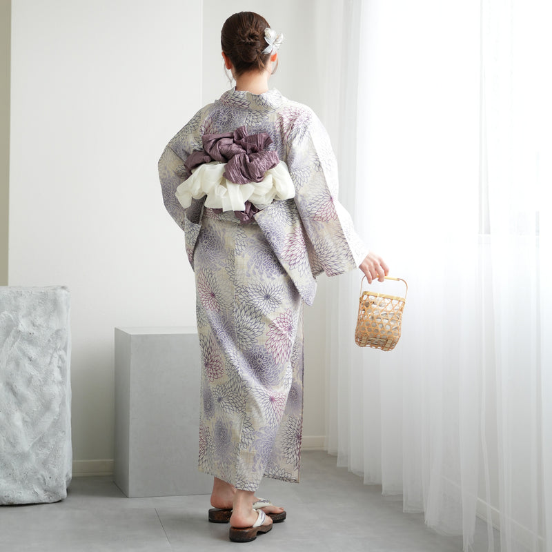 浴衣3点セット（浴衣/帯/下駄） utatane ゆかた フリーサイズ（身長155-165cm）先染め風ベージュに涼しげ糸菊（5010027411）