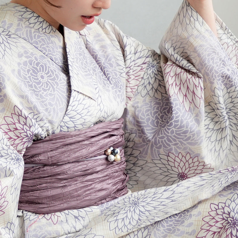 浴衣3点セット（浴衣/帯/下駄） utatane ゆかた フリーサイズ（身長155-165cm）先染め風ベージュに涼しげ糸菊（5010027411）