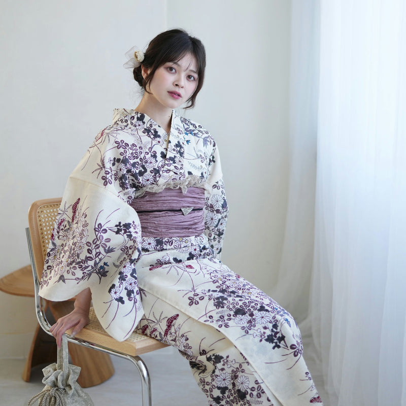utatane高級変わり織り浴衣3点セットベージュに薄紫の小さな萩と菊