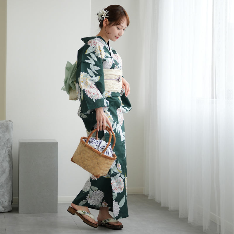 浴衣3点セット（浴衣/帯/下駄） utatane ゆかた フリーサイズ（身長155-165cm）青緑に広がる菊（5010049311）