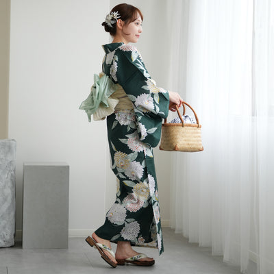 浴衣3点セット（浴衣/帯/下駄） utatane ゆかた フリーサイズ（身長155-165cm）青緑に広がる菊（5010049311）