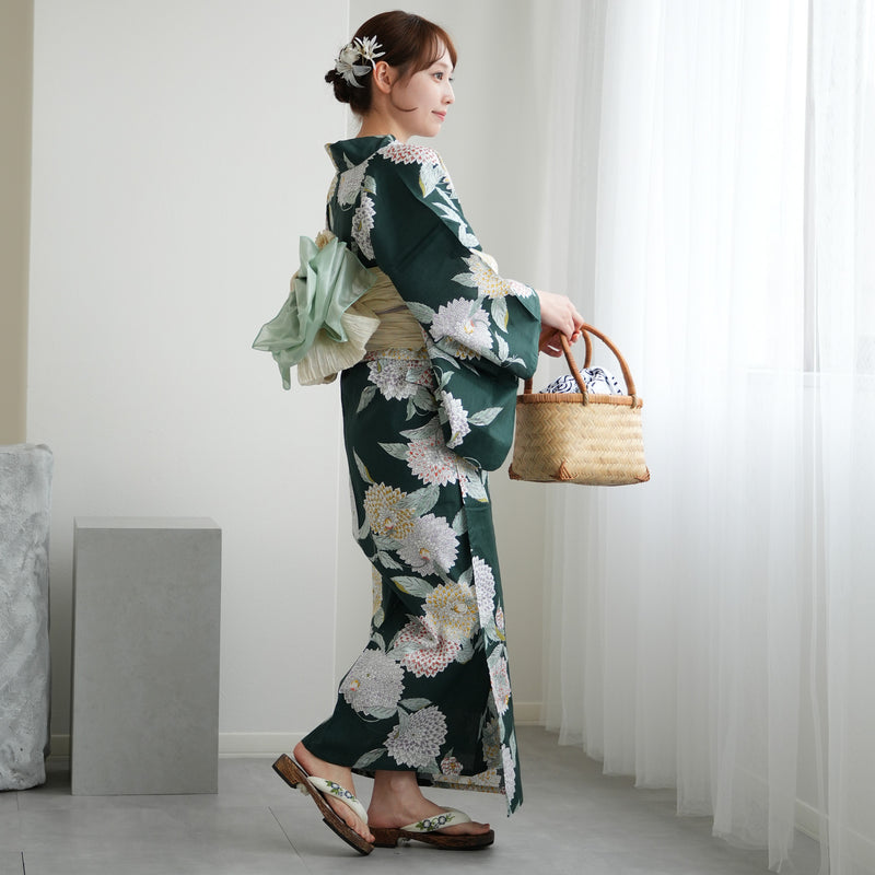 浴衣3点セット（浴衣/帯/下駄） utatane ゆかた フリーサイズ（身長155-165cm）青緑に広がる菊（5010049311）