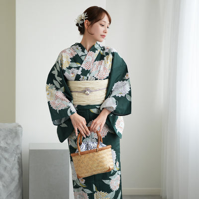 浴衣3点セット（浴衣/帯/下駄） utatane ゆかた 3L ゆったりサイズ（ヒップ130cm頃） 青緑に広がる菊（5013049311）