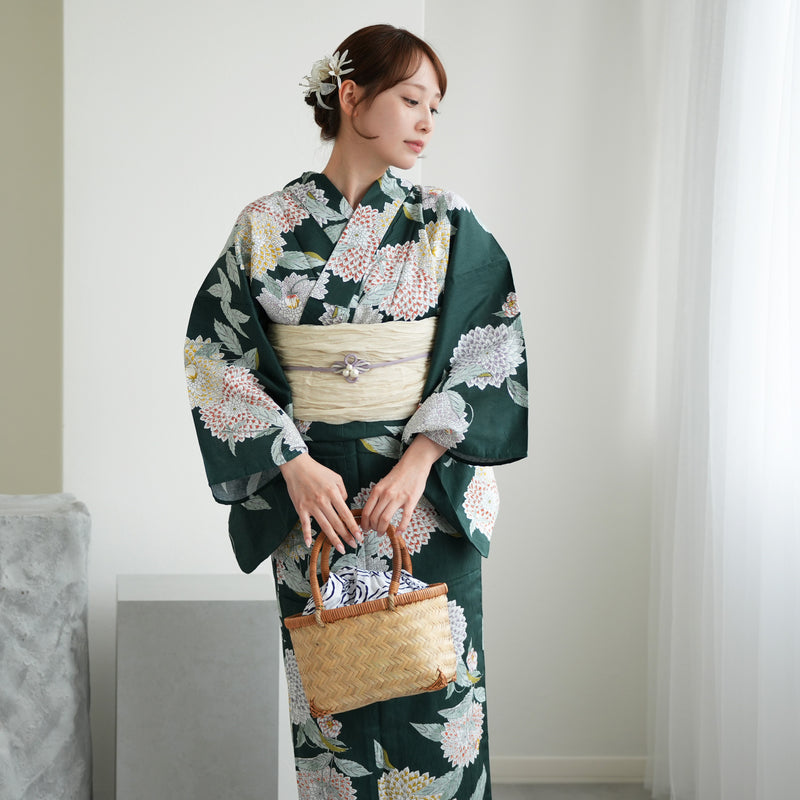 浴衣3点セット（浴衣/帯/下駄） utatane ゆかた 3L ゆったりサイズ（ヒップ130cm頃） 青緑に広がる菊（5013049311）