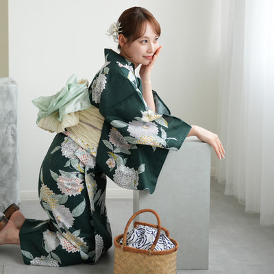 浴衣3点セット（浴衣/帯/下駄） utatane ゆかた フリーサイズ（身長155-165cm）青緑に広がる菊（5010049311）