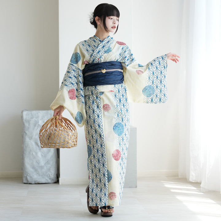 浴衣3点セット（浴衣/帯/下駄） 綿麻 ゆかた フリーサイズ（身長155